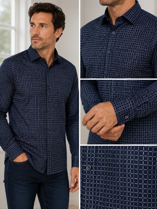Alfani Other - Alfani XL Navy Blue White Geometric Grid Button Down Shirt Long Sleeve Cotton